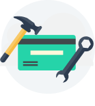 Ilustración de una tarjeta de crédito, un martillo y una llave inglesa para simbolizar herramientas que lo ayudarán a aprender sobre el dinero