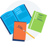 Ilustración de un libro de ejercicios, cuaderno y lista de verificación para simbolizar el aprendizaje